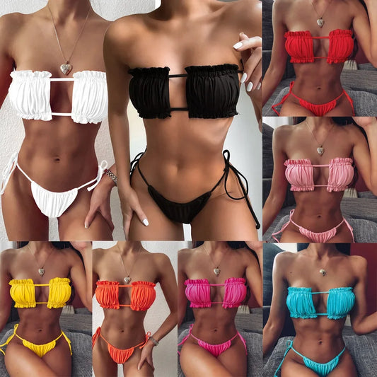 Nieuwe  Sexy badkleding met geplooide holle bikini