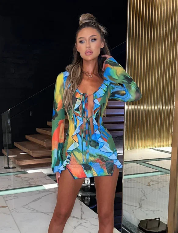 Dames mini-jurk met lange mouwen, vetersluiting, tie-dye print, patchwork, split, bodycon, clubfeestjurk