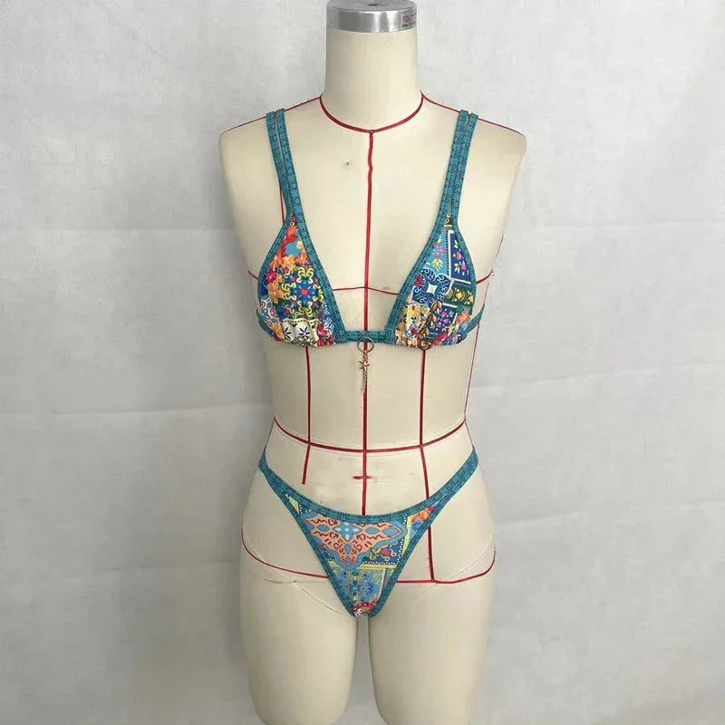 BEACHCICI Bikini Tweedelig Sexy Vintage Bloemenprint Jarretel Dubbele Bandjes Rugloos