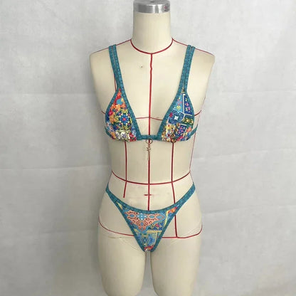 BEACHCICI Bikini Tweedelig Sexy Vintage Bloemenprint Jarretel Dubbele Bandjes Rugloos