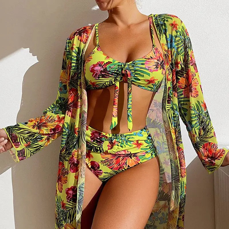 Driedelige badpak met bloemenprint, damesbikiniset, bh zonder beugel en padding, sporttop, blouse met lange mouwen, plus size